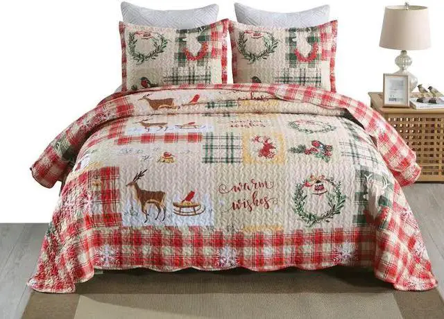 Main image of Ventray Christmas Quilt Set Queen - Reversible Bedspread Coverlet Snowflakes Deer Snowman Bedding Lightweight Bed Cover - Festive Holiday Bedding Gift for Kids Adults, 1 Quilt 2 Pillow Shams