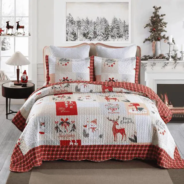 Main image of Ventray Christmas Quilt Set Queen - Reversible Bedspread Coverlet Snowman Deer Mailbox Bedding Lightweight Bed Cover - Holiday Bedding Gift for Kids Adults, 1 Quilt 2 Pillow Shams