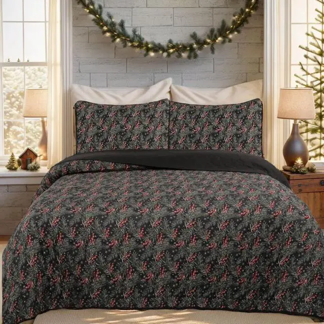 Main image of Ventray Queen Size Quilt Set, Christmas Comforter Set, Holiday Bedding Quilted Bedspread Coverlet with 2 Pillow Shams for All Seasons, Holly Berry Tree Pattern 88" X 92"