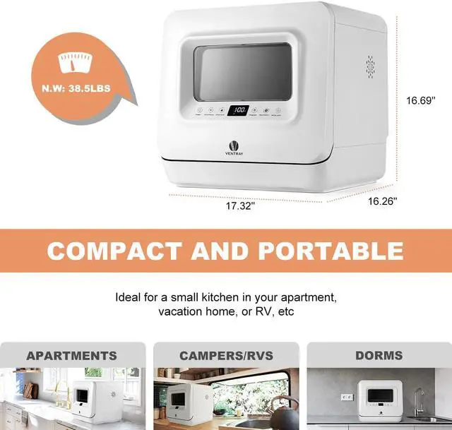 Alt view image 7 of 7 - VENTRAY DW55AD Portable Countertop Dishwashers, Compact Dishwashers with 5 Washing Programs, Air Drying, for Small Apartment, Dorms, RVs