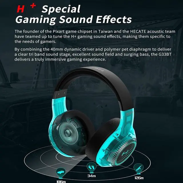 Alt view image 5 of 7 - HECATE by Edifier G33BT Wireless Gaming Headset, Bluetooth Gaming Headset with Microphone for PC Nintendo Switch, 60ms Low Latency Wireless Headphones with Detachable Microphone 48H Playtimeblack