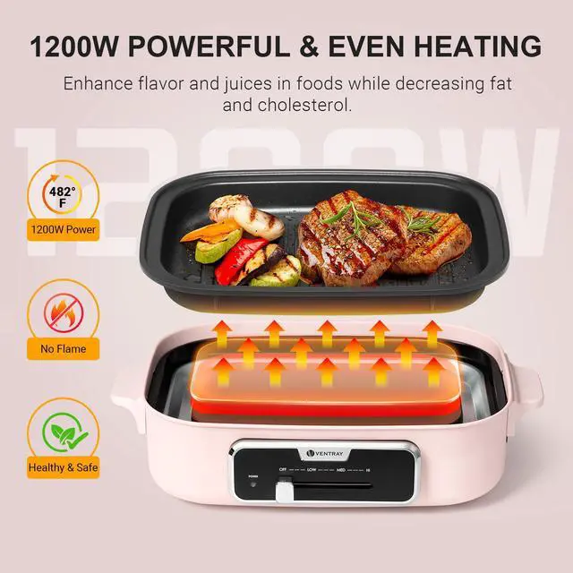 Alt view image 2 of 7 - Ventray Classic 2.0 Indoor Electric Grill, Portable Korean BBQ Grill with Removable Griddle Plate, Lid, Nonstick Cooking Surface, Adjustable Temperature,1200W Powerful & Even Cooking (Pink)