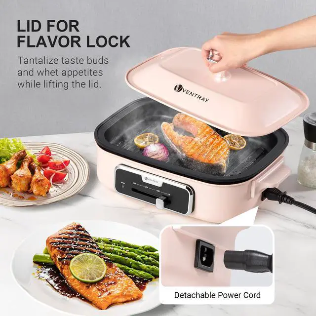 Alt view image 5 of 7 - Ventray Classic 2.0 Indoor Electric Grill, Portable Korean BBQ Grill with Removable Griddle Plate, Lid, Nonstick Cooking Surface, Adjustable Temperature,1200W Powerful & Even Cooking (Pink)