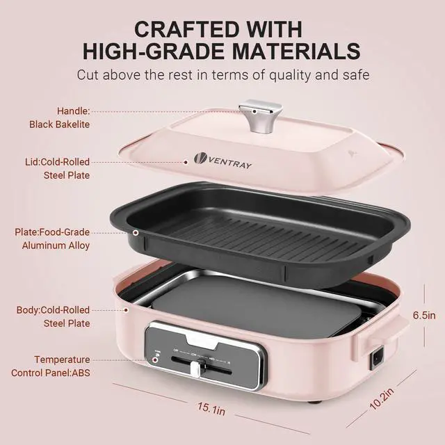 Alt view image 3 of 7 - Ventray Classic 2.0 Indoor Electric Grill, Portable Korean BBQ Grill with Removable Griddle Plate, Lid, Nonstick Cooking Surface, Adjustable Temperature,1200W Powerful & Even Cooking (Pink)