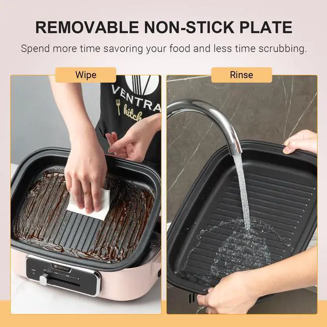 Alt view image 6 of 7 - Ventray Classic 2.0 Indoor Electric Grill, Portable Korean BBQ Grill with Removable Griddle Plate, Lid, Nonstick Cooking Surface, Adjustable Temperature,1200W Powerful & Even Cooking (Pink)