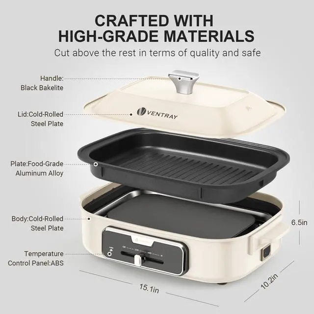 Alt view image 3 of 7 - Ventray Classic 2.0 Indoor Electric Grill, Portable Korean BBQ Grill with Removable Griddle Plate, Lid, Nonstick Cooking Surface, Adjustable Temperature,1200W Powerful & Even Cooking (Mushroom White)
