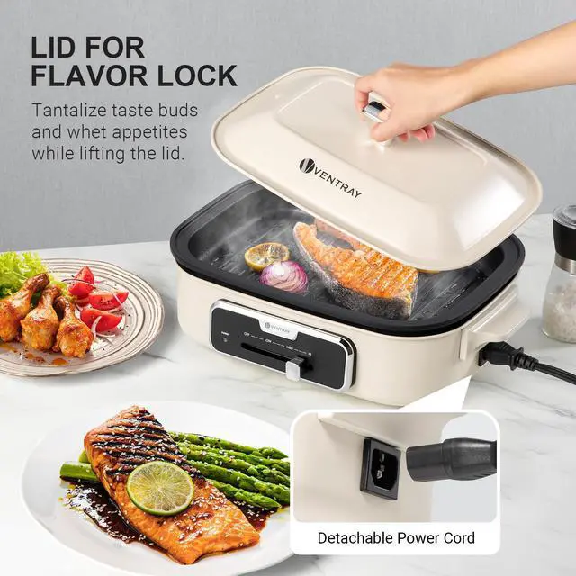 Alt view image 5 of 7 - Ventray Classic 2.0 Indoor Electric Grill, Portable Korean BBQ Grill with Removable Griddle Plate, Lid, Nonstick Cooking Surface, Adjustable Temperature,1200W Powerful & Even Cooking (Mushroom White)