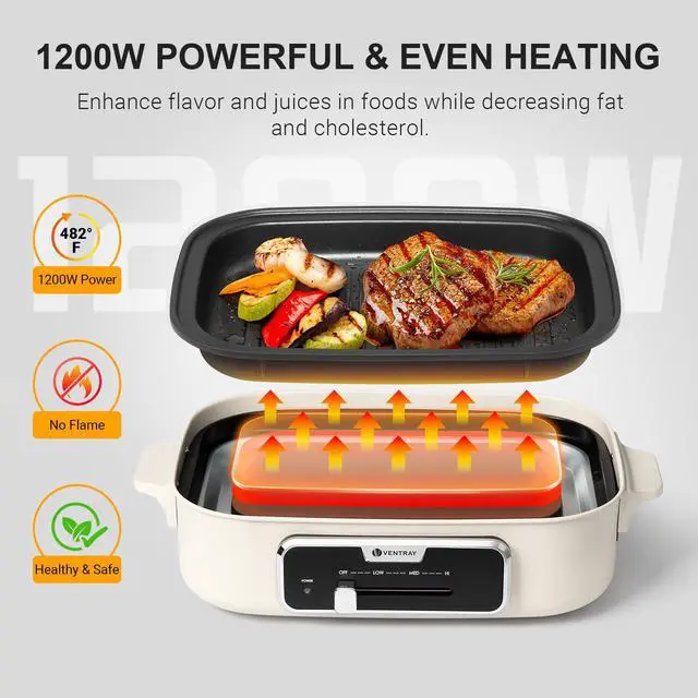 Alt view image 2 of 7 - Ventray Classic 2.0 Indoor Electric Grill, Portable Korean BBQ Grill with Removable Griddle Plate, Lid, Nonstick Cooking Surface, Adjustable Temperature,1200W Powerful & Even Cooking (Mushroom White)