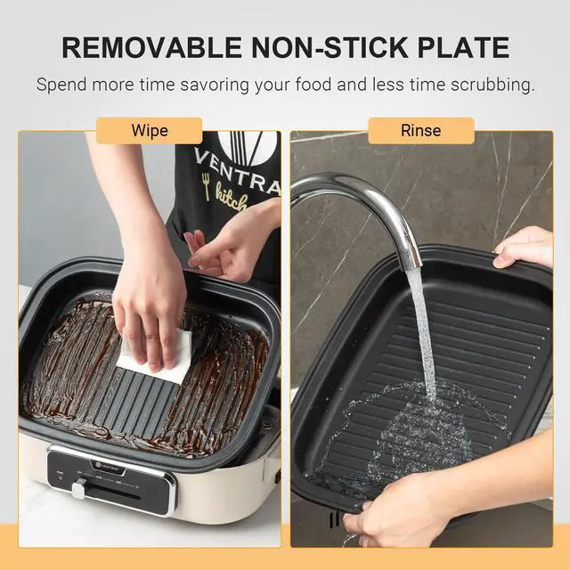 Alt view image 6 of 7 - Ventray Classic 2.0 Indoor Electric Grill, Portable Korean BBQ Grill with Removable Griddle Plate, Lid, Nonstick Cooking Surface, Adjustable Temperature,1200W Powerful & Even Cooking (Mushroom White)