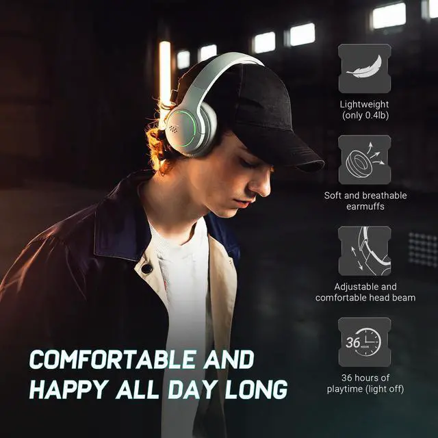 Alt view image 4 of 7 - HECATE by Edifier G2BT Gaming Headset, Bluetooth 5.2 Wireless Headphones with 40mm Driver, Deep Bass Stereo Sound, Lightweight Noise Cancelling Over Ear Headphones with Soft Earmuffs, RGB Light, Grey