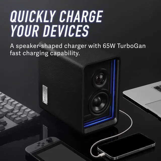 Alt view image 6 of 7 - Edifier QR65 Active Monitor Speakers with 65W GaN Fast Charger Function, 70W RMS Bluetooth Computer Speakers with Hi-Res 24bit Wireless Audio, Subwoofer Out and Light Effects (Black)