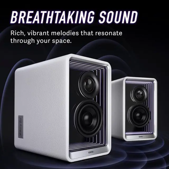 Alt view image 2 of 7 - Edifier QR65 Active Monitor Speakers with 65W GaN Fast Charger Function, 70W RMS Bluetooth Computer Speakers with Hi-Res 24bit Wireless Audio, Subwoofer Out and Light Effects (White)