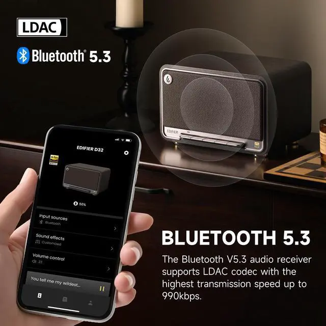Alt view image 4 of 7 - Edifier D32 Tabletop Bluetooth Speakers, Portable Retro Wireless Speaker, 60W RMS Wi-Fi and Bluetooth Sound System Compatible with AirPlay2, Multi-Point Connection, 11 Hours Playtime, Black