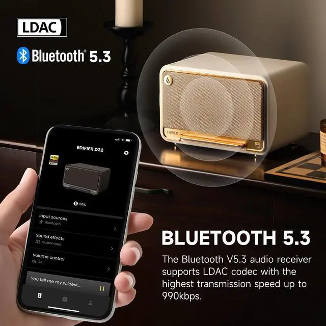 Alt view image 4 of 7 - Edifier D32 Tabletop Bluetooth Speakers, Portable Retro Wireless Speaker, 60W RMS Wi-Fi and Bluetooth Sound System Compatible with AirPlay2, Multi-Point Connection, 11 Hours Playtime, White