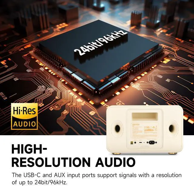 Alt view image 3 of 7 - Edifier D32 Tabletop Bluetooth Speakers, Portable Retro Wireless Speaker, 60W RMS Wi-Fi and Bluetooth Sound System Compatible with AirPlay2, Multi-Point Connection, 11 Hours Playtime, White