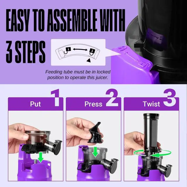 Alt view image 3 of 7 - Ventray Essential Ginnie Juicer, Compact Small Cold Press Juicer, Masticating Slow Juicer with 60RPM Low Speed, Easy to Clean & Nutrient Dense, Eco-Friendly Packaging, Purple
