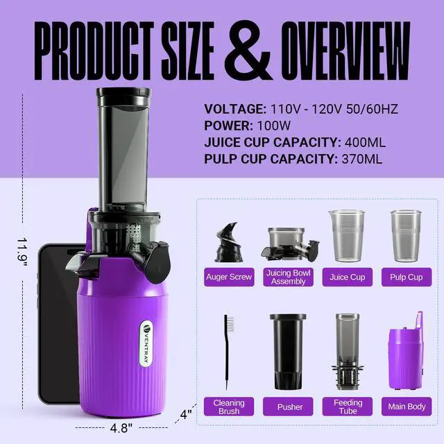 Alt view image 5 of 7 - Ventray Essential Ginnie Juicer, Compact Small Cold Press Juicer, Masticating Slow Juicer with 60RPM Low Speed, Easy to Clean & Nutrient Dense, Eco-Friendly Packaging, Purple