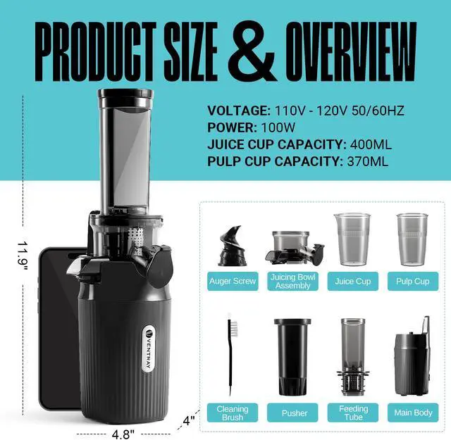 Alt view image 5 of 7 - Ventray Essential Ginnie Juicer, Compact Small Cold Press Juicer, Masticating Slow Juicer with 60RPM Low Speed, Easy to Clean & Nutrient Dense, Eco-Friendly Packaging, Black