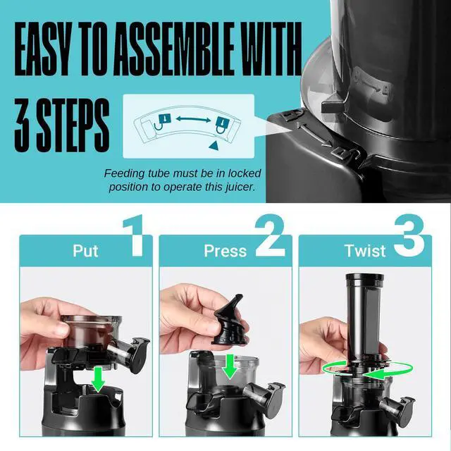 Alt view image 3 of 7 - Ventray Essential Ginnie Juicer, Compact Small Cold Press Juicer, Masticating Slow Juicer with 60RPM Low Speed, Easy to Clean & Nutrient Dense, Eco-Friendly Packaging, Black