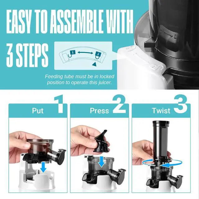 Alt view image 3 of 7 - Ventray Essential Ginnie Juicer, Compact Small Cold Press Juicer, Masticating Slow Juicer with 60RPM Low Speed, Easy to Clean & Nutrient Dense, Eco-Friendly Packaging, White