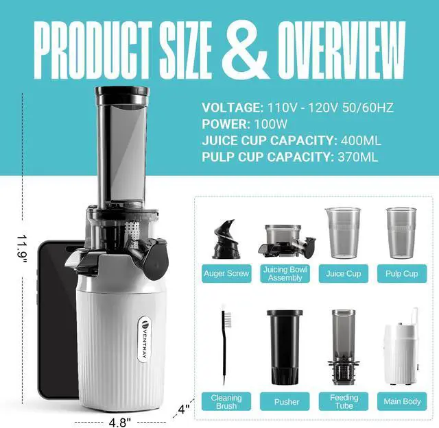 Alt view image 5 of 7 - Ventray Essential Ginnie Juicer, Compact Small Cold Press Juicer, Masticating Slow Juicer with 60RPM Low Speed, Easy to Clean & Nutrient Dense, Eco-Friendly Packaging, White