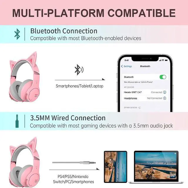 Alt view image 2 of 7 - Edifier G5BT CAT Wireless Bluetooth Gaming Headset with Mic - Pink (Refurbished)