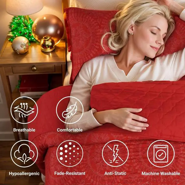 Alt view image 4 of 5 - Ventray King Size Quilt Set, Christmas Comforter Set, Holiday Bedding Quilted Bedspread Coverlet with 2 Pillow Shams for All Seasons, Medallion Pattern 102" X 92" - Red