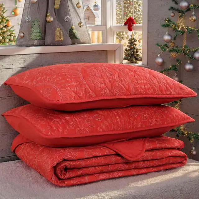 Alt view image 5 of 5 - Ventray King Size Quilt Set, Christmas Comforter Set, Holiday Bedding Quilted Bedspread Coverlet with 2 Pillow Shams for All Seasons, Medallion Pattern 102" X 92" - Red
