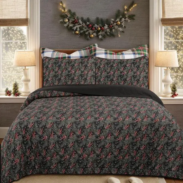 Alt view image 2 of 5 - Ventray Queen Size Quilt Set, Christmas Comforter Set, Holiday Bedding Quilted Bedspread Coverlet with 2 Pillow Shams for All Seasons, Holly Berry Tree Pattern 88" X 92"