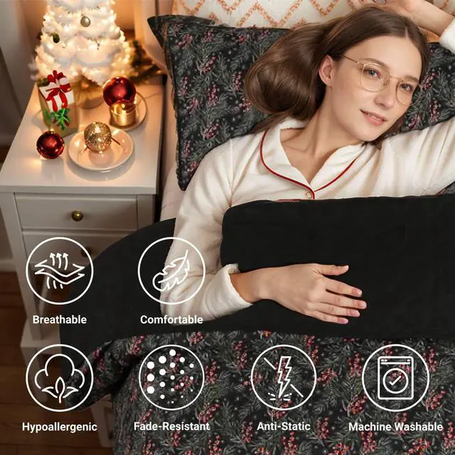 Alt view image 4 of 5 - Ventray King Size Quilt Set, Christmas Comforter Set, Holiday Bedding Quilted Bedspread Coverlet with 2 Pillow Shams for All Seasons, Holly Berry Tree Pattern 102" X 92"