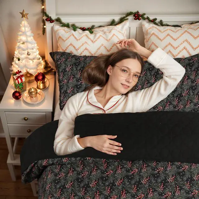 Alt view image 3 of 5 - Ventray King Size Quilt Set, Christmas Comforter Set, Holiday Bedding Quilted Bedspread Coverlet with 2 Pillow Shams for All Seasons, Holly Berry Tree Pattern 102" X 92"