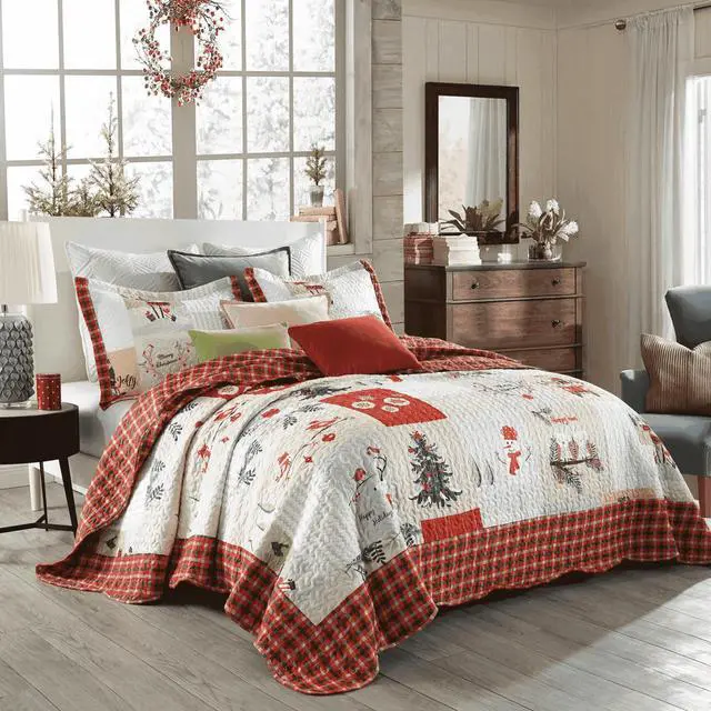 Alt view image 3 of 6 - Ventray Christmas Quilt Set Queen - Reversible Bedspread Coverlet Snowman Christmas Tree Owl Car Bedding Lightweight Bed Cover - Holiday Bedding Gift for Kids Adults, 1 Quilt 2 Pillow Shams