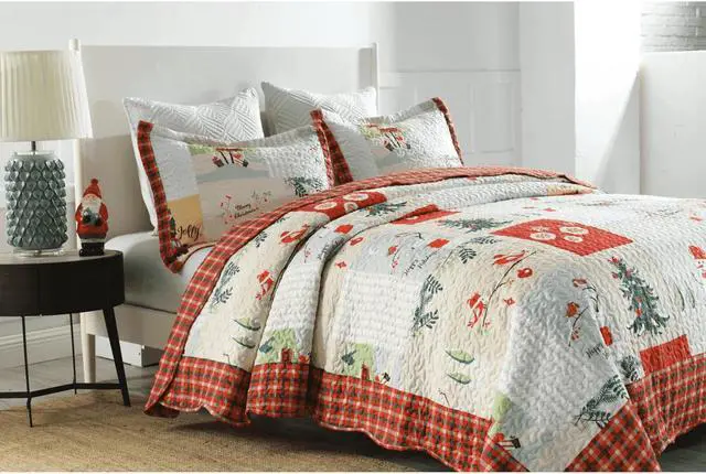 Alt view image 6 of 6 - Ventray Christmas Quilt Set Queen - Reversible Bedspread Coverlet Snowman Christmas Tree Owl Car Bedding Lightweight Bed Cover - Holiday Bedding Gift for Kids Adults, 1 Quilt 2 Pillow Shams
