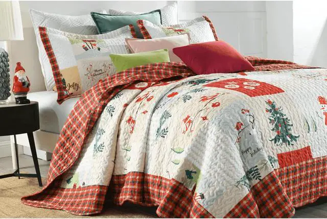 Alt view image 5 of 6 - Ventray Christmas Quilt Set Queen - Reversible Bedspread Coverlet Snowman Christmas Tree Owl Car Bedding Lightweight Bed Cover - Holiday Bedding Gift for Kids Adults, 1 Quilt 2 Pillow Shams