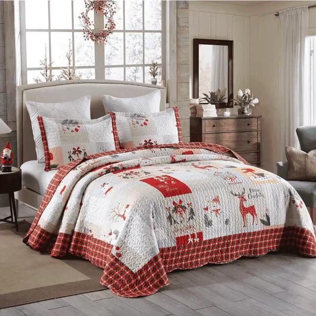 Alt view image 3 of 7 - Ventray Christmas Quilt Set King - Reversible Bedspread Coverlet Snowman Deer Mailbox Bedding Lightweight Bed Cover - Holiday Bedding Gift for Kids Adults, 1 Quilt 2 Pillow Shams