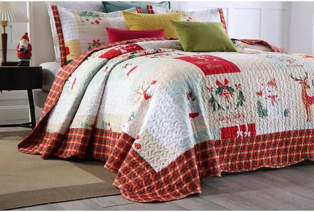 Alt view image 7 of 7 - Ventray Christmas Quilt Set King - Reversible Bedspread Coverlet Snowman Deer Mailbox Bedding Lightweight Bed Cover - Holiday Bedding Gift for Kids Adults, 1 Quilt 2 Pillow Shams