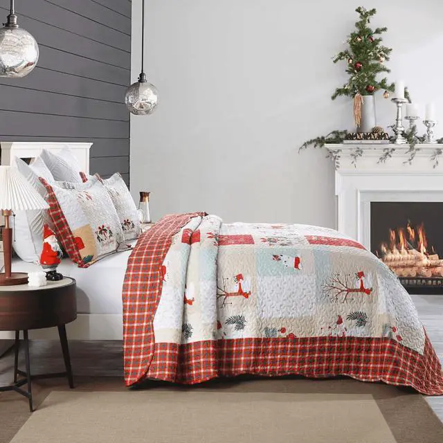 Alt view image 2 of 7 - Ventray Christmas Quilt Set King - Reversible Bedspread Coverlet Snowman Deer Mailbox Bedding Lightweight Bed Cover - Holiday Bedding Gift for Kids Adults, 1 Quilt 2 Pillow Shams