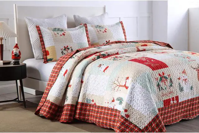 Alt view image 4 of 7 - Ventray Christmas Quilt Set Queen - Reversible Bedspread Coverlet Snowman Deer Mailbox Bedding Lightweight Bed Cover - Holiday Bedding Gift for Kids Adults, 1 Quilt 2 Pillow Shams