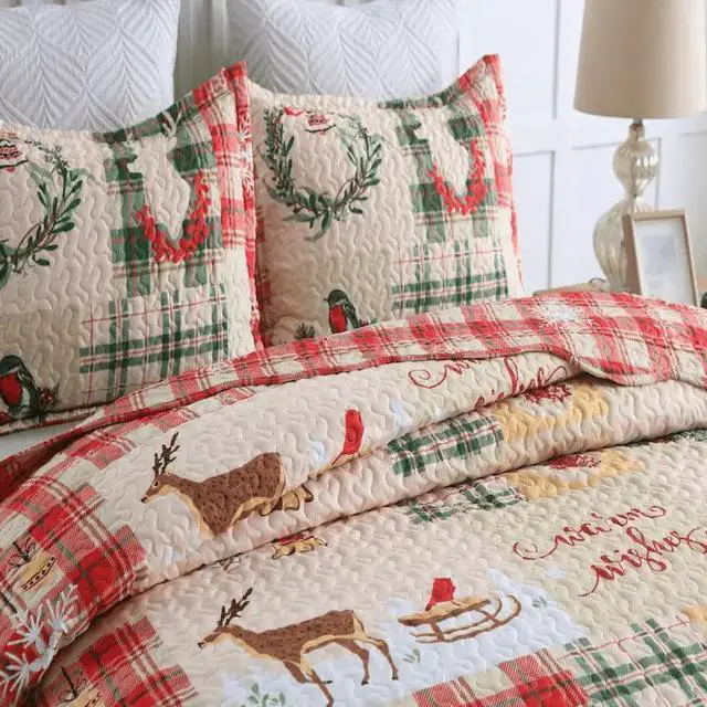 Alt view image 2 of 7 - Ventray Christmas Quilt Set King - Reversible Bedspread Coverlet Snowflakes Deer Snowman Bedding Lightweight Bed Cover - Festive Holiday Bedding Gift for Kids Adults, 1 Quilt 2 Pillow Shams