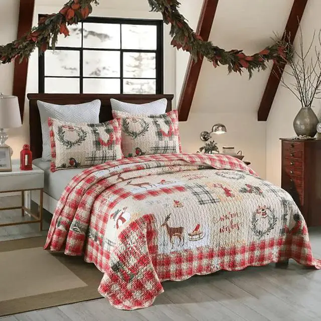 Alt view image 3 of 7 - Ventray Christmas Quilt Set King - Reversible Bedspread Coverlet Snowflakes Deer Snowman Bedding Lightweight Bed Cover - Festive Holiday Bedding Gift for Kids Adults, 1 Quilt 2 Pillow Shams