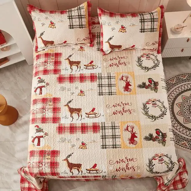 Alt view image 6 of 7 - Ventray Christmas Quilt Set King - Reversible Bedspread Coverlet Snowflakes Deer Snowman Bedding Lightweight Bed Cover - Festive Holiday Bedding Gift for Kids Adults, 1 Quilt 2 Pillow Shams