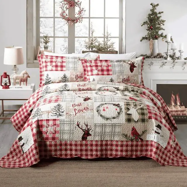 Alt view image 2 of 5 - Ventray Quilt Set King - Reversible Bedspread Coverlet Red Green Plaid Patchwork Bedding Lightweight Bed Cover - Xmas Tree Elk Holiday Bedding Bed Set Gift for Kids Adults,1 Quilt 2 Pillow Shams