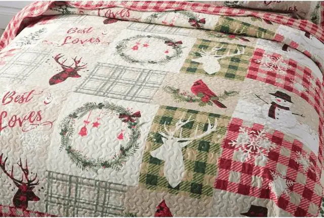 Alt view image 4 of 5 - Ventray Quilt Set King - Reversible Bedspread Coverlet Red Green Plaid Patchwork Bedding Lightweight Bed Cover - Xmas Tree Elk Holiday Bedding Bed Set Gift for Kids Adults,1 Quilt 2 Pillow Shams