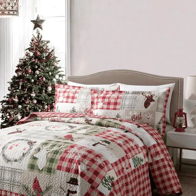 Alt view image 3 of 5 - Ventray Quilt Set King - Reversible Bedspread Coverlet Red Green Plaid Patchwork Bedding Lightweight Bed Cover - Xmas Tree Elk Holiday Bedding Bed Set Gift for Kids Adults,1 Quilt 2 Pillow Shams