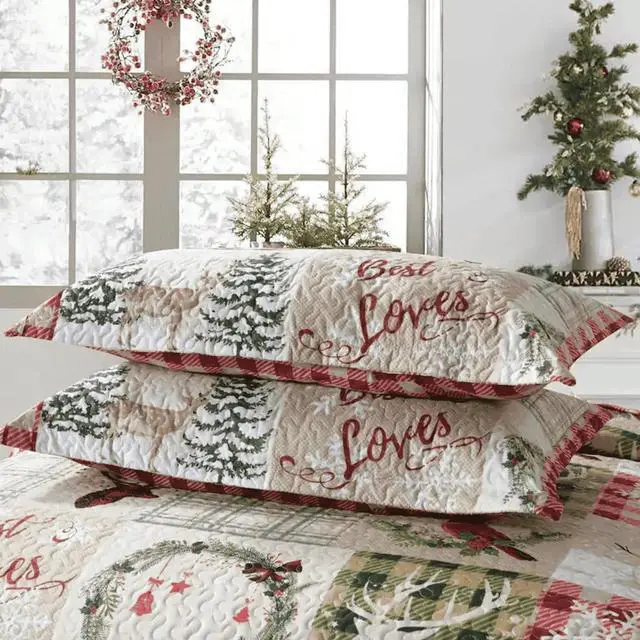 Alt view image 5 of 5 - Ventray Quilt Set King - Reversible Bedspread Coverlet Red Green Plaid Patchwork Bedding Lightweight Bed Cover - Xmas Tree Elk Holiday Bedding Bed Set Gift for Kids Adults,1 Quilt 2 Pillow Shams