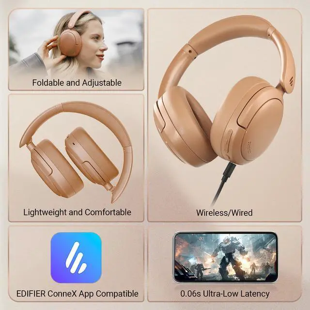 Alt view image 7 of 7 - Edifier V80 Hybrid Active Noise Cancelling Headphones, True Wireless Over Ear Bluetooth Headset with 45H Playtime, Wired Hi-Res Audio Fast Charging Multipoint Connection for Travel Home Office - Brown