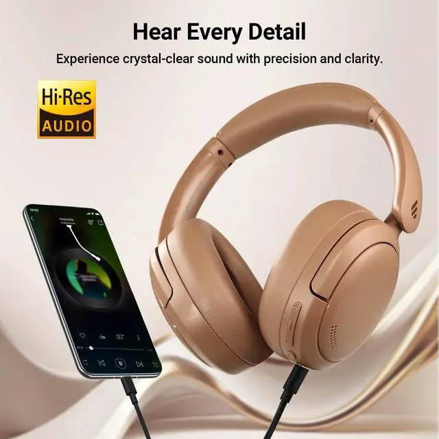 Alt view image 3 of 7 - Edifier V80 Hybrid Active Noise Cancelling Headphones, True Wireless Over Ear Bluetooth Headset with 45H Playtime, Wired Hi-Res Audio Fast Charging Multipoint Connection for Travel Home Office - Brown