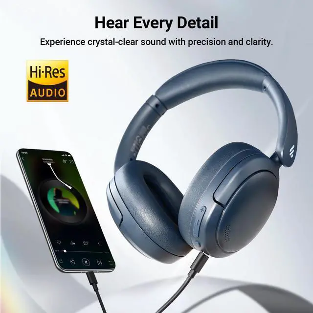 Alt view image 3 of 7 - Edifier V80 Hybrid Active Noise Cancelling Headphones, True Wireless Over Ear Bluetooth Headset with 45H Playtime, Wired Hi-Res Audio Fast Charging Multipoint Connection for Travel Office - Navy Blue