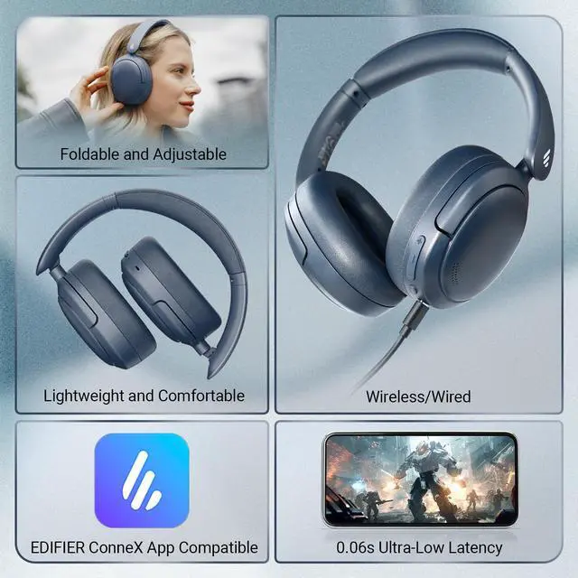Alt view image 7 of 7 - Edifier V80 Hybrid Active Noise Cancelling Headphones, True Wireless Over Ear Bluetooth Headset with 45H Playtime, Wired Hi-Res Audio Fast Charging Multipoint Connection for Travel Office - Navy Blue