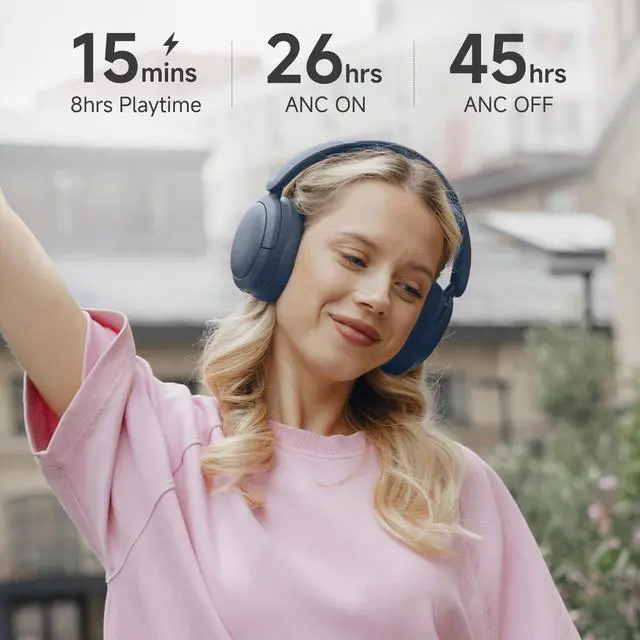 Alt view image 6 of 7 - Edifier V80 Hybrid Active Noise Cancelling Headphones, True Wireless Over Ear Bluetooth Headset with 45H Playtime, Wired Hi-Res Audio Fast Charging Multipoint Connection for Travel Office - Navy Blue
